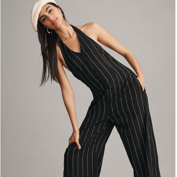 Brand New LITTLE LIES PINSTRIPE HALTER NECK JUMPSUIT - Picture 5 of 13